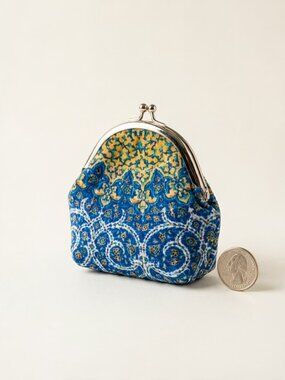 Blue and Gold Persian Floral Velvet Coin Purse with Kiss-Lock Clasp